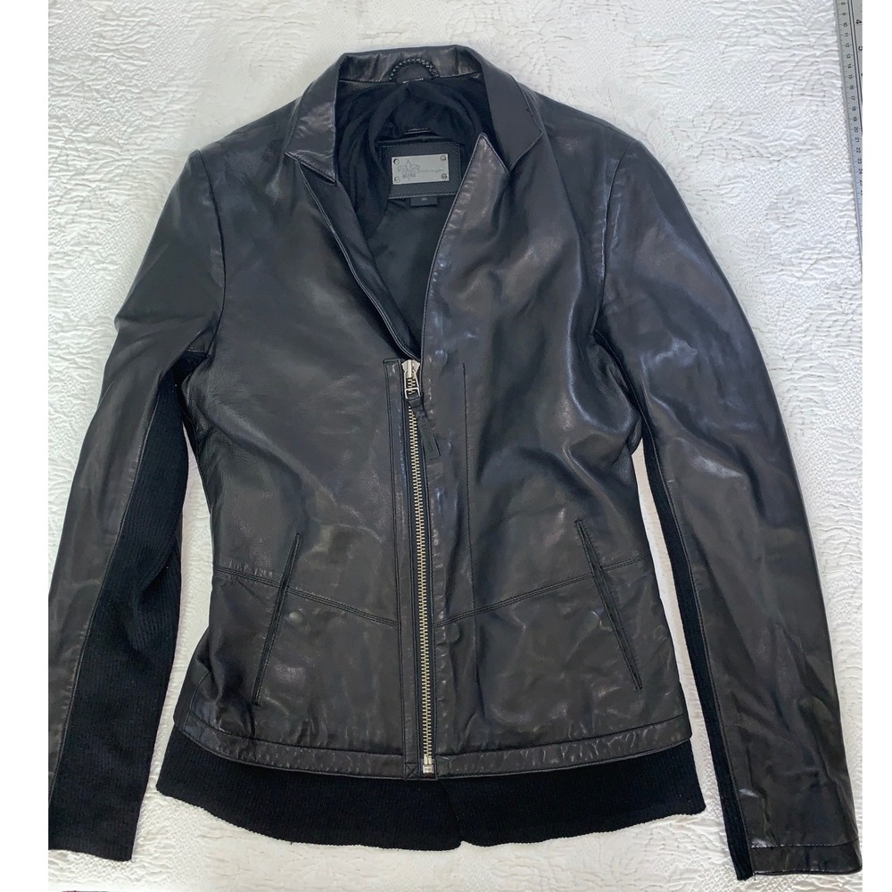 Mackage Black Leather Moto Jacket Mixed Media Ribbed Knit Trim Womens Size 36